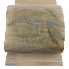 名古屋帯 秀品 夏帯 絽 トンネル仕立て 葉 金銀糸 ベージュ 正絹 【中古】