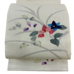 名古屋帯 絹 夏帯 夏物 絽 染め 白 紫 グレー 花柄 和装 - メルカリ