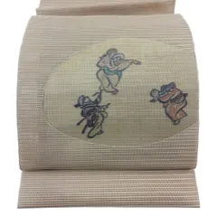 【美品】 名古屋帯 秀品 夏帯 絽 八寸名古屋帯 松葉仕立て トンネル仕立て 人物 相良刺繍 薄茶色 正絹 【中古】
