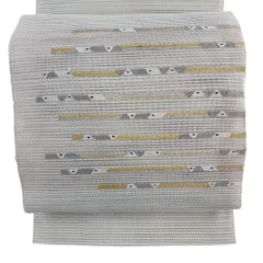 名古屋帯 秀品 夏帯 八寸名古屋帯 絽 松葉仕立て 幾何学模様 縞 金銀糸 灰緑 正絹 【中古】