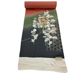 反物 秀品 付下げ 扇 草花 金銀彩 ぼかし 朱色 正絹 【中古】