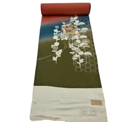 反物 秀品 付下げ 扇 草花 金銀彩 朱色 正絹 【中古】