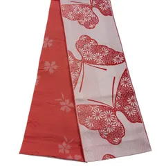 【美品】半幅帯 優品 蝶 朱色 化繊 【中古】