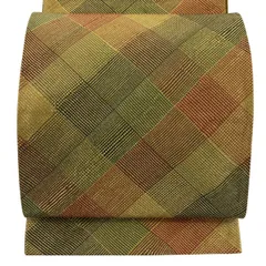 袋帯 秀品 斜め格子 縞 金糸 金色 全通 正絹 【中古】