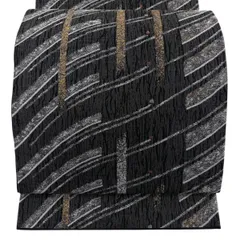 【美品】 袋帯 秀品 幾何学模様 銀糸 箔 黒 六通 正絹 【中古】