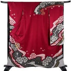 振袖 身丈161cm 裄丈67cm M 袷 御所車 草花 金糸 刺繍 えんじ色 正絹 秀品 【中古】