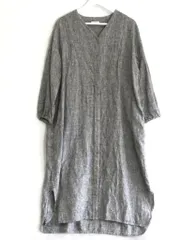 【228869】fog linen work フォグリネンワーク  チェック柄　Vネック前開き　長袖ロングワンピース　リネン ブラック|ホワイト