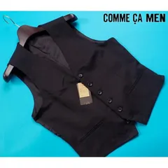 新品定価2.2万円 コムサメン Super100Sメリノウール ギャバジン シャドーストライプ ジレ/ベストS黒(05) 02VN09