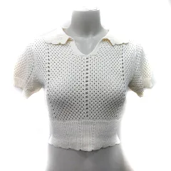 ヘザー Heather ニット カットソー かぎ編み 透かし編み 半袖 F 白 ホワイト /YI