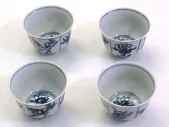 【225379】 染付　湯呑み×4客　セット ブルー|ホワイト