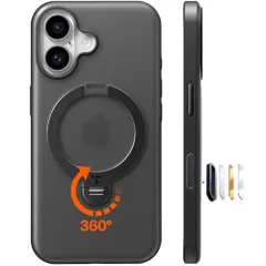 【多機能一体・360°新定点回転スタンド】TORRAS iPhone 16 用 ケース 縦横両対応 リング付き マグネット搭載 ワイヤレス充電対応 耐衝撃 防指紋 半透明 あいふおん16 用ケース Ostand Q3 Spin ブラック/