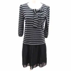 ギャラリービスコンティ GALLERY VISCONTI ワンピース ひざ丈 ドッキング リボン ボーダー 長袖 2 M 黒 ブラック グレー /YK ●RY