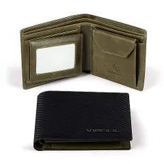 新品 [VISOUL] 札入れ 財布 二つ折りメンズ 本革 小銭入れ カーボンレザー カード8枚収納 写真入れポケット 免許証入れ 縦型コインポケット RFID スキミング防止 父の日 コインケース ブラック・グリーン