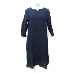 サマンサモスモス SM2 ワンピース ひざ丈 七分袖 麻 リネン M 紺 ネイビー /YI