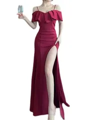 [ALL DAY Shining] ロングドレス オフショルダー フリル スリット タイト パーティー 肩出し フォーマル ワンピース ナイトドレス レディース (JP, アルファベット, M, レッド) [レッド] [M]