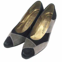 イヴサンローラン YVES SAINT LAURENT パンプス ポインテッドトゥ ミドルヒール スエード 35 1/2 22cm 黒 ブラック グレー /YK