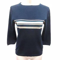 コムサイズム COMME CA ISM ニット カットソー ボーダー 七分袖 L 紺 ネイビー /YK