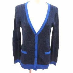エル ELLE カーディガン ニット Vネック ケーブル 長袖 38 M 紺 ネイビー 青 ブルー /YK