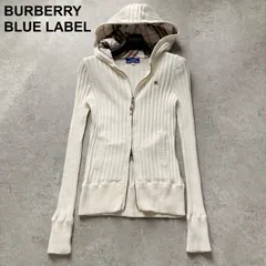 良品 BURBERRY BLUE LABEL バーバリーブルーレーベル 三陽商会 Y2K リブ ニットパーカー Wファスナー 白 ホワイト アイボリー レディース 38サイズ M相当 ノバチェック 羽織り 人気 レア ホース刺繍