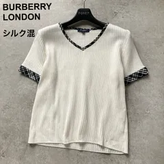良品 バーバリーロンドン BURBERRY LONDON サマーニット リブニット 半袖 Vネックノバチェック シルク混 白 ホワイト アイボリー レディース 40サイズ L相当 三陽商会 オフィス デート フォーマル 爽やか 高級 大人 上品