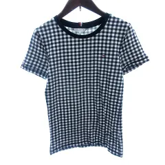 トミーヒルフィガー TOMMY HILFIGER カットソー Tシャツ ラウンドネック グレンチェック 刺繍 ギンガムチェック 半袖 XS 黒 ブラック /AU