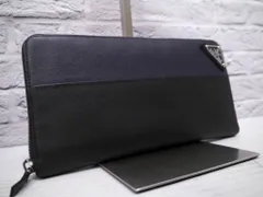 美品◆ PRADA プラダ SAFFIANO サフィアーノ レザー ユニセックス トライアングルロゴ オーガナイザー トラベル ウォレット 長財布 黒x紺◆