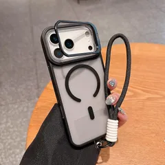 【新品】 iPhone 17 Pro Max 用 ケース Magsafe対応 レンズスタンド内蔵 カバー TPUバンパー 隠しスタンド 指紋防止 リストストラップ付き 半透明PC背面 耐衝撃性 傷防止背面， ブラック 1