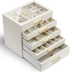 Vlando ガラス蓋 5段引き出し ジュエリーボックス 女性用ジュエリーボックス ネックレス 指輪 イヤリング ブレスレット アクセサリー収納用 オーガナイザー ホワイトデー(アイボリー)