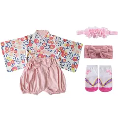 [SLINX] 赤ちゃん ベビー服 フォーマル 浴衣 着物 和装 衣装 4点セット 袴セット ヘア飾り 可愛い 初節句 記念撮影 雛祭り 端午の節句 100日祝い 靴下付き ベビー 袴 キッズ 袴風 出産祝い ベビー袴 HF026T☆彡 c78526bb