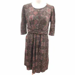 ブージュルード Bou Jeloud ワンピース ひざ丈 総柄 七分袖 FREE 深緑 ダークグリーン 茶 ブラウン /YK