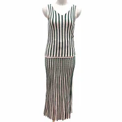 レディアゼル REDYAZEL セットアップ タンクトップ ニット Vネック ノースリーブ タイトスカート ロング マキシ F ベージュ 緑 グリーン /YK