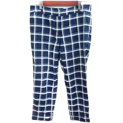 アイシービー iCB テーパードパンツ チェック 麻混 リネン混 42 紺 ネイビー グレー /RT