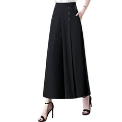 [CALM.st] ワイドパンツ レディース きれいめ ロング ガウチョ フレア パンツ スカーチョ 通年 韓国風 ハイウエスト 9分丈 (JP, アルファベット, L, ブラック) [ブラック] [L]