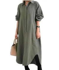 [Four leaf] 羽織 シャツワンピース ロングシャツ シャツワンピ レディース 長袖 おしゃれ ロング シャツ シンプル 無地 春 秋 綿 コットン 薄手 ワンピース 春夏 ゆったり (XL, 緑) [グリーン] [XL]