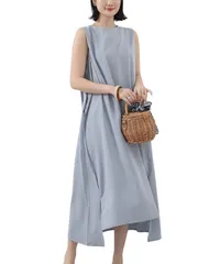 [グリーンパキラ] 在庫限り ノースリーブ ワンピース ロング マキシ丈ワンピース 夏 aライン サマードレス レディース 春 リゾート 夏服 カジュアル 旅行 オフィス きれいめ 森ガール 体型カバー 着痩せ おしゃ [ブルーグレー] [Free Size]