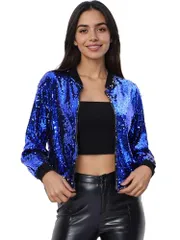 新品 [Allegra K] ジャケット スタジャン ブルゾン スパンコール 衣装 光沢 長袖 ジッパー ショート丈 クリスマス レディース ブルー M