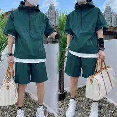 メンズ 夏 半袖Tシャツ＆ショーツ セット ルーズフィット ジップアップ カジュアル スポーツウェア 上下セット 夏用 リラックス セットアップ