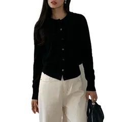 [ReiLuana] カーディガン レディース 丸首 長袖 きれいめ ニット 羽織り 無地 クルーネック セーター 人気 可愛い お洒落 エレガント アウター カジュアル あったか 大人 体型 カバー シンプル カーデ ルー [グレー] [Free Size]