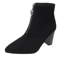[SLOW＆MELLOW] ショートブーツ レディース ファスナー スエード 調 ハイヒール カジュアル 韓国 ブーティー 美脚 歩きやすい シンプル シューズ お洒落 ブーツ 秋 冬 春 黒 色 ブラック 軽い 軽量 厚底  [ブラック] [24.5 cm]