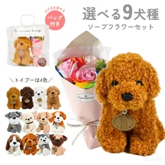 【A～H】犬 ぬいぐるみ レインボーローズブーケ ソープフラワーセット 虹の橋 プレゼント バッグ付き 卒業式 入学式 花束 誕生日 母の日 ホワイトデー お悔み ペット供養 ビーグル パグ チワワ トイプードル ミニチュアシュナウザー ゴールデンレトリバー