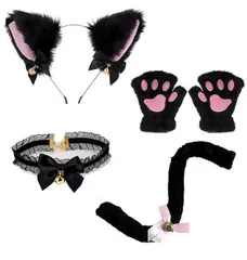 猫耳 カチューシャ 首輪 肉球手袋 しっぽ 可愛い 鈴付き 蝶結び 仮装小物 ハロウィン コスプレ 4点セット