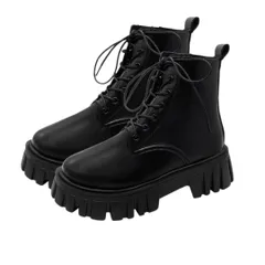 [DeerLuxe] レディース ショートブーツ レースアップ 5cmヒール 厚底 ブーツ チャンキーヒール 軽量 美脚効果 おしゃれ かわいい 秋冬 (B.ブラック, 日本の靴のサイズ寸法, 大人, 数値, 22.5 c [B.ブラック] [22.5 cm]