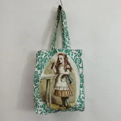 Alice shop アリス ショップ オックスフォード 不思議の国のアリス トート バッグ ウサギ 総柄 コットン UK製 イギリス 古着 VINTAGE  グリーン系 C186のサムネイル
