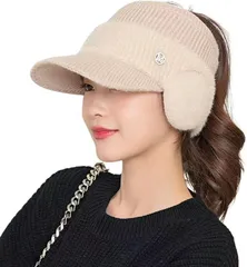 DeerLuxe ごるふにっと帽子 ポニーテール つば付き ロングヘア対応ニット帽子 ウインターサンバイザー サンバイザー型ニット帽 寒さ対策 耳当て付き 日焼け防止 (B.ベージュ,  Free Size-0X)
