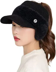 DeerLuxe ごるふにっと帽子 ポニーテール つば付き ロングヘア対応ニット帽子 ウインターサンバイザー サンバイザー型ニット帽 寒さ対策 耳当て付き 日焼け防止 (E.ブラック,  Free Size-0X)
