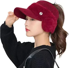 DeerLuxe ごるふにっと帽子 ポニーテール つば付き ロングヘア対応ニット帽子 ウインターサンバイザー サンバイザー型ニット帽 寒さ対策 耳当て付き 日焼け防止 (C.ワインレッド,  Free Size-0X)