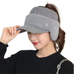 DeerLuxe ごるふにっと帽子 ポニーテール つば付き ロングヘア対応ニット帽子 ウインターサンバイザー サンバイザー型ニット帽 寒さ対策 耳当て付き 日焼け防止 (D.グレー,  Free Size-0X)