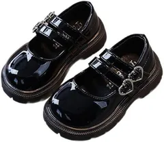 DeerLuxe キッズダブルストラップシューズ 女の子ドレスシューズ ガールズプリティーシューズ 女の子用フォーマルしゅーず セレモニーローファー リングガール キュート 革靴 (A.エナメルブラック,  19.5 cm)