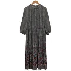 美品 AMACA アマカ チェック&フラワー オーナメントプリント ワンピース 38 ブラック ホワイト レディース 古着 中古 USED