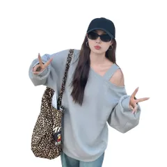 [レグエイト] オフショルダー Y2K スウェット レディース ワンショルダー トップス 肩見せ 長袖 プルオーバー 秋 冬 カジュアル 大人 かわいい 抜け感 (JP, アルファベット, M, グレー) [グレー] [M]